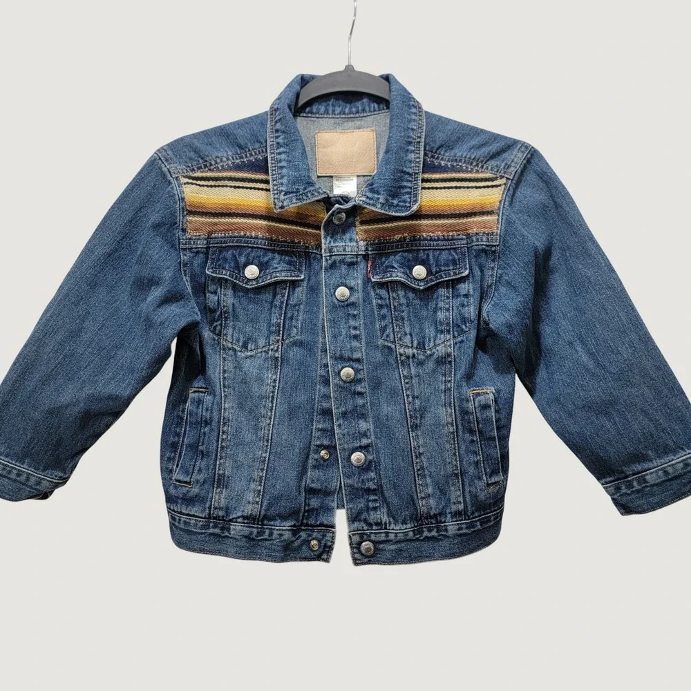 RARE Levis Kids Denim Trucker Jacket Size 7 Southwestern Serape Blanket Patch